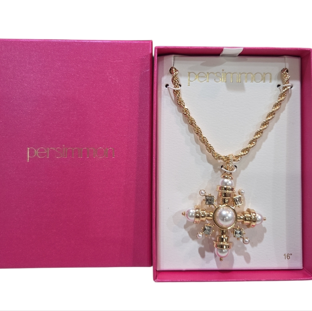 💛▪️ Persimmon▪️ Beautiful  Golden Tone Necklace with Jeweled Cross Pendant